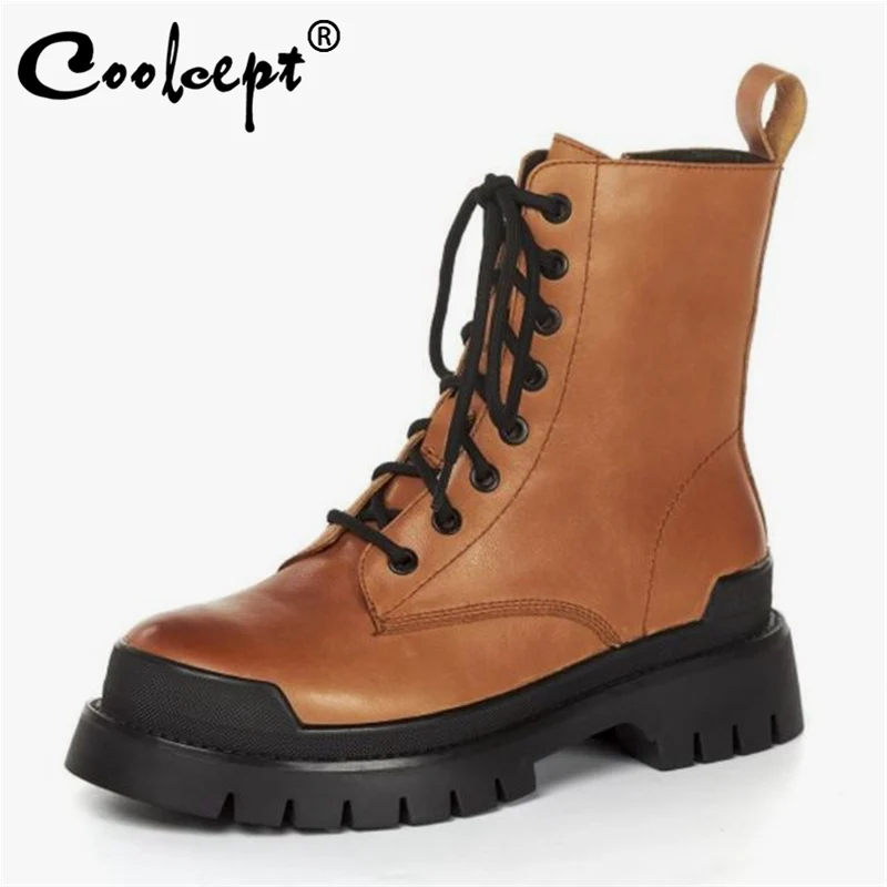 

Coolcept Genuine Leather Women Ankle Boots Cross Strap Thick Bottom Winter Shoes Woman Warm Fashion Platform Footwear Size 34-39