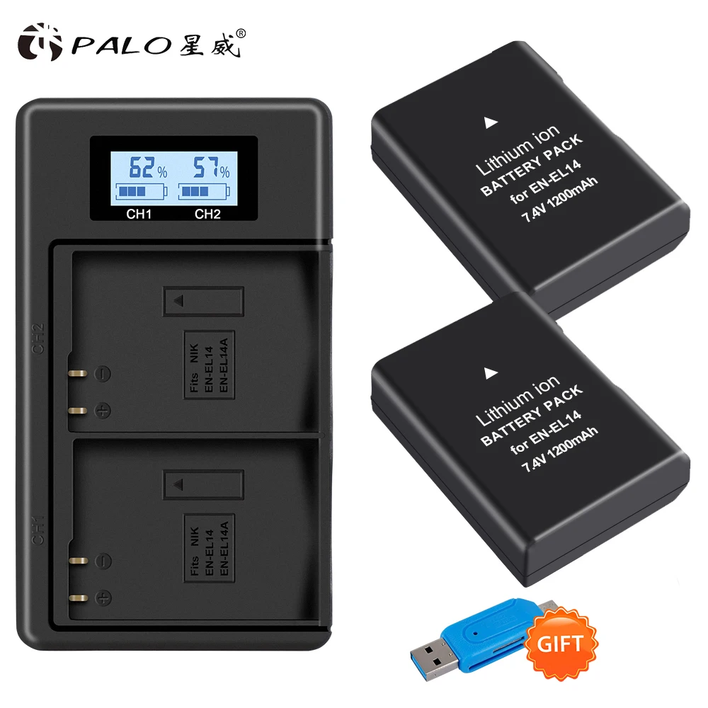 

1200mAh 2x EN-EL14A EN-EL14 ENEL14 Battery+LCD USB Dual Charger for Nikon D3100 D3200 D3300 D3400 D3500 D5600 D5100 D5200 P7000