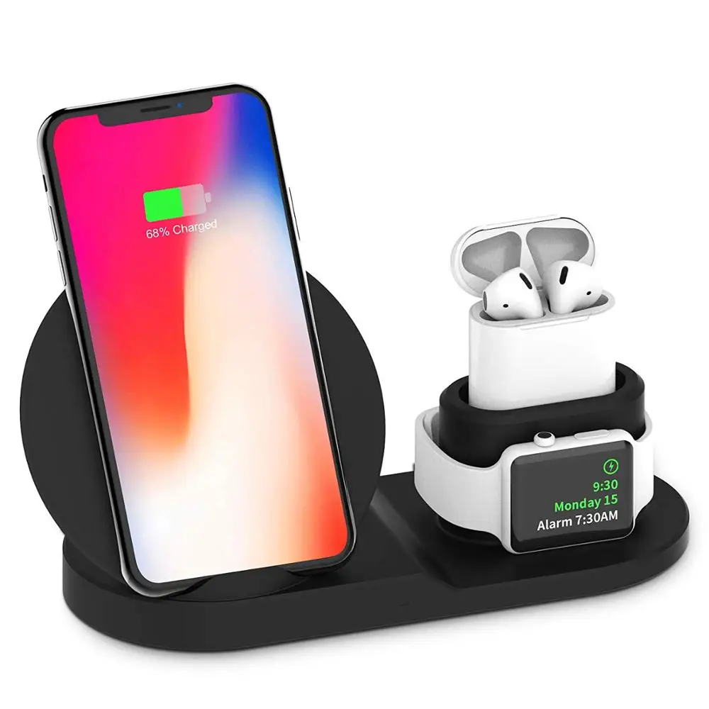 3 в 1 Qi Беспроводная Быстрая зарядка док-станция Подставка для Airpods Apple Watch 4 3 iPhone 8 X XS Max XR 10 Вт Быстрая зарядка для samsung S9 S8 S7