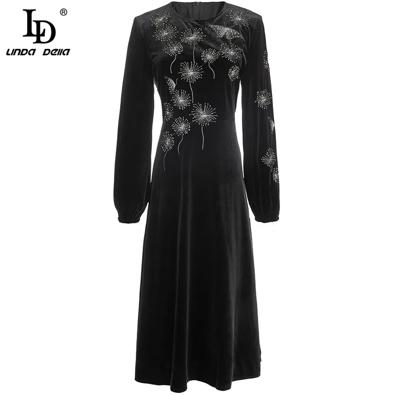 

Женское вельветовое платье LD LINDA DELLA, подиумное черное платье-трапеция миди с длинным рукавом, украшенное бисером, осень 2019