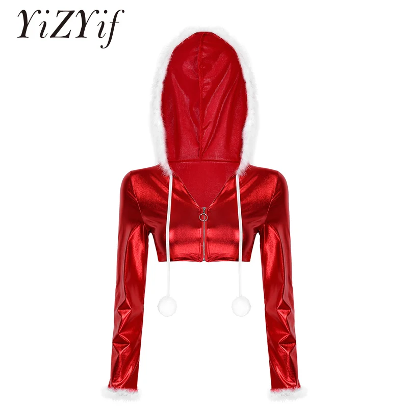 

Женские укороченные топы, блестящий металлический Рождественский топ с капюшоном на молнии в виде Санты, Рождественская вечеринка, нарядно...