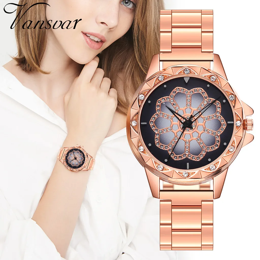 

vansvar Ladies Watch Women Casual Quartz Stainless Steel Band Lucky Flower Rhinestone Watches reloj mujer Gifts /d