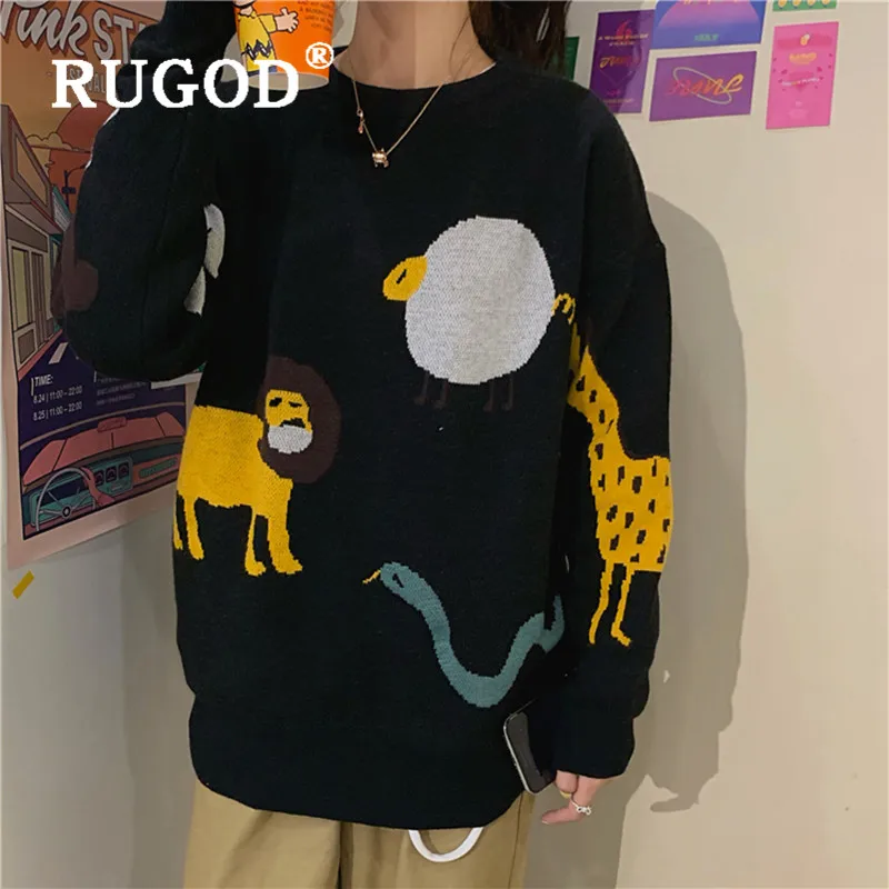 RUGOD/2019 новый зимний теплый черный женский свитер-пуловер с изображением животных
