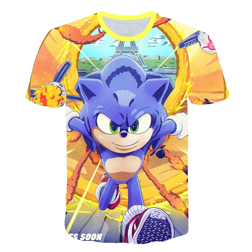 Sonic/летняя футболка для мальчиков и девочек короткая с 3D рисунком из полиэстера