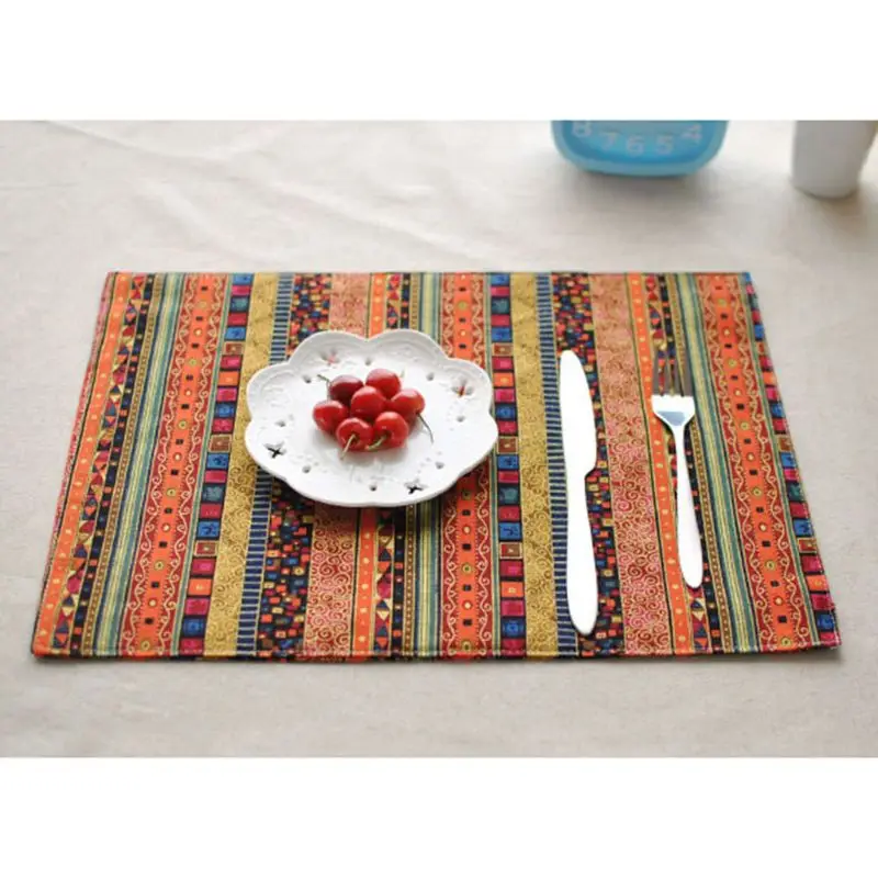 

Ethnic Style Distinctive Cotton Linen Table Mat Colored Geometric Stripes Two-Layer Rectangle Non-Slip Insulation Placemat