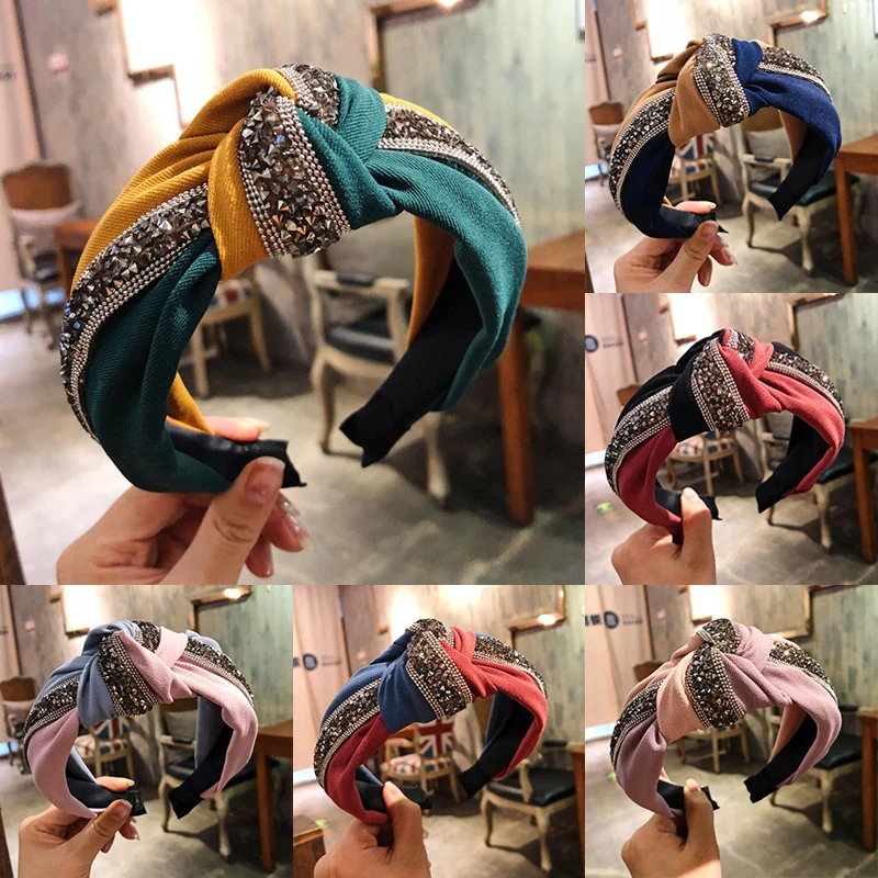 Обруч для волос повязка на голову блестящая в стиле пэчворк с блестками широкий