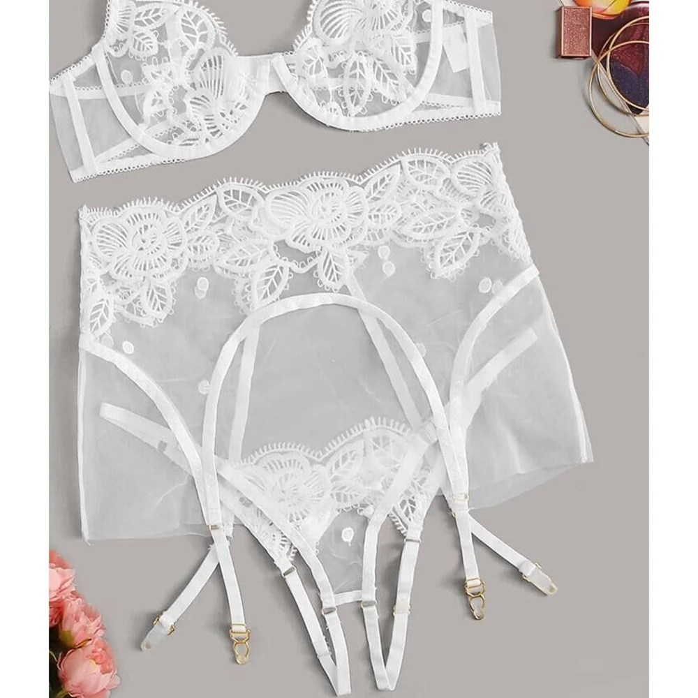 Комплект из 3 предметов, женское сексуальное нижнее белье Babydoll, кружевной бюстгальтер с v-образным вырезом, высокая талия, подвязки с поясом, комплекты стрингов, ночное белье