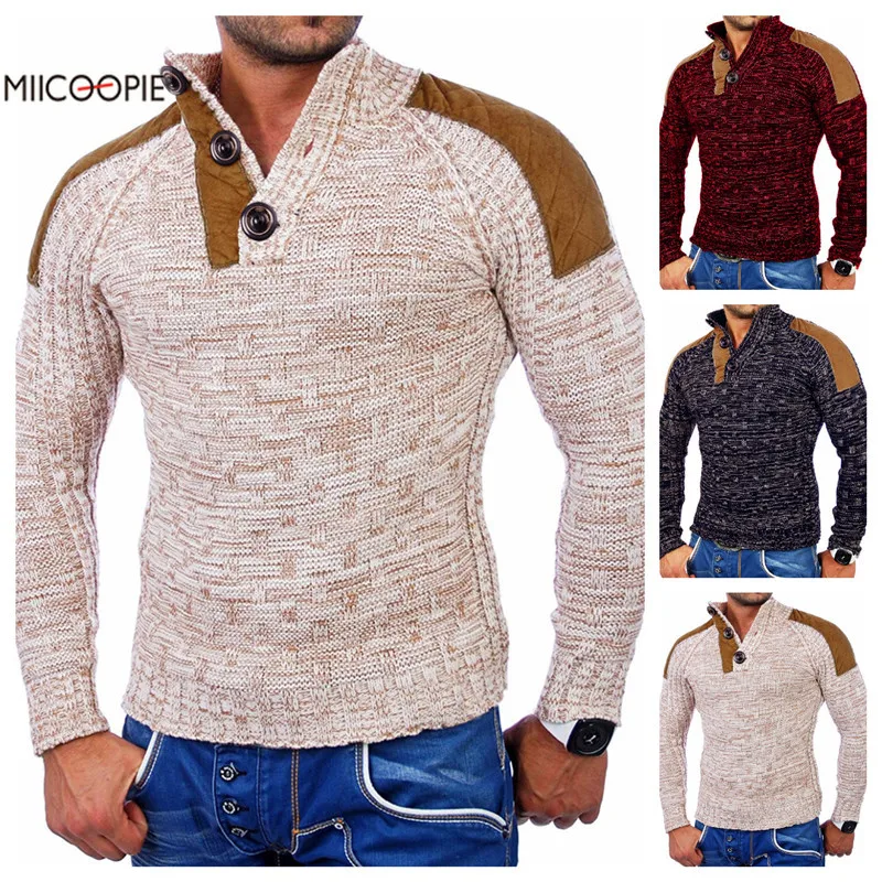 Мужской осенний пуловер для отдыха Однотонный свитер с воротником и пуговицами