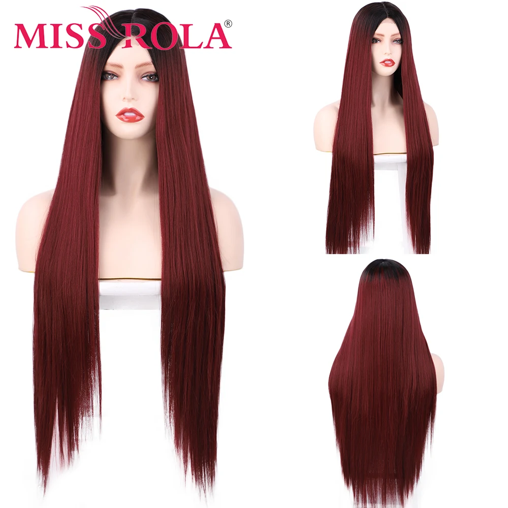 

MISS ROLA Burgundy Long Straight Synthetic Wig Heat-Resistant Fiber Natural Middle Part Hairline Women Wear Daily