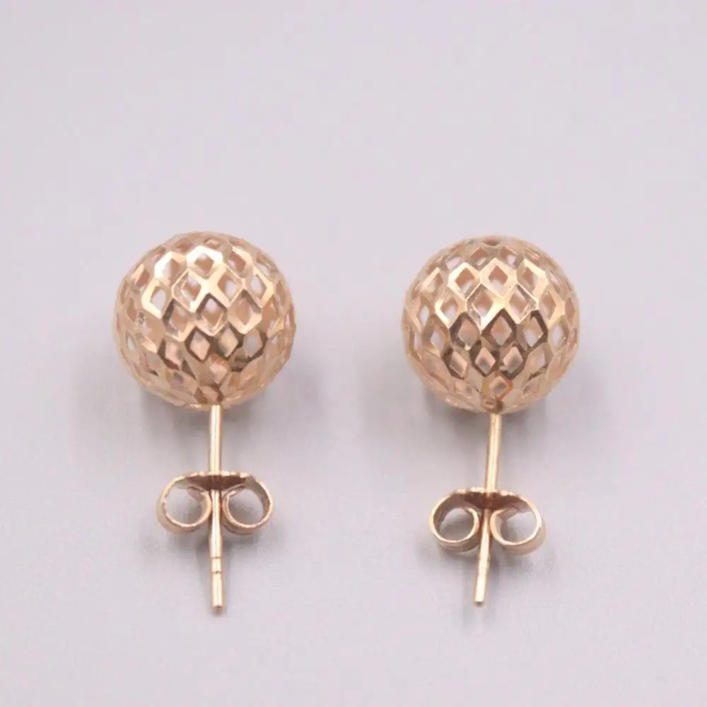 

New Pure 18K Rose Gold Earrings 22x11mm Lozenge Pattrern Hollow Bead Ear Stud