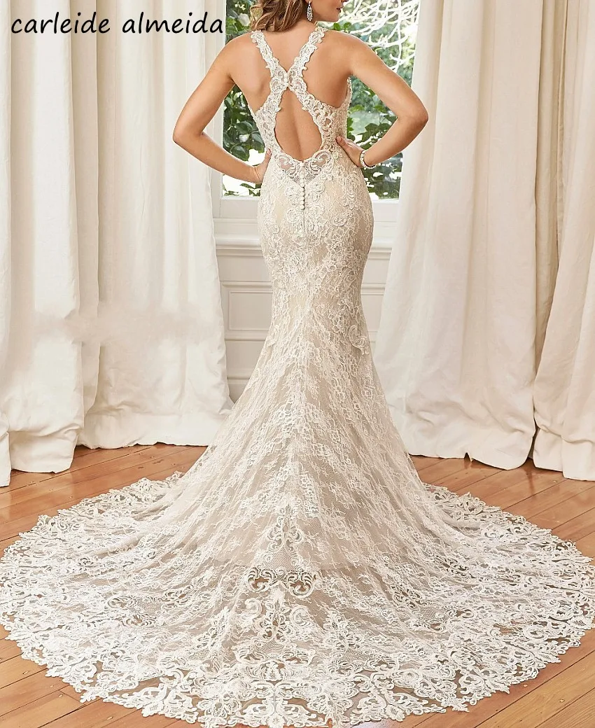 

Robe de mariee Sexy Back Mermaid Lace Wedding Dress Chapel Train Vestidos de novia