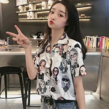 Women Shirt Cartoon Beauties Print Blouse Korean Style Turn-down Collar Short Sleeve Tops Button Loose Blouses 1