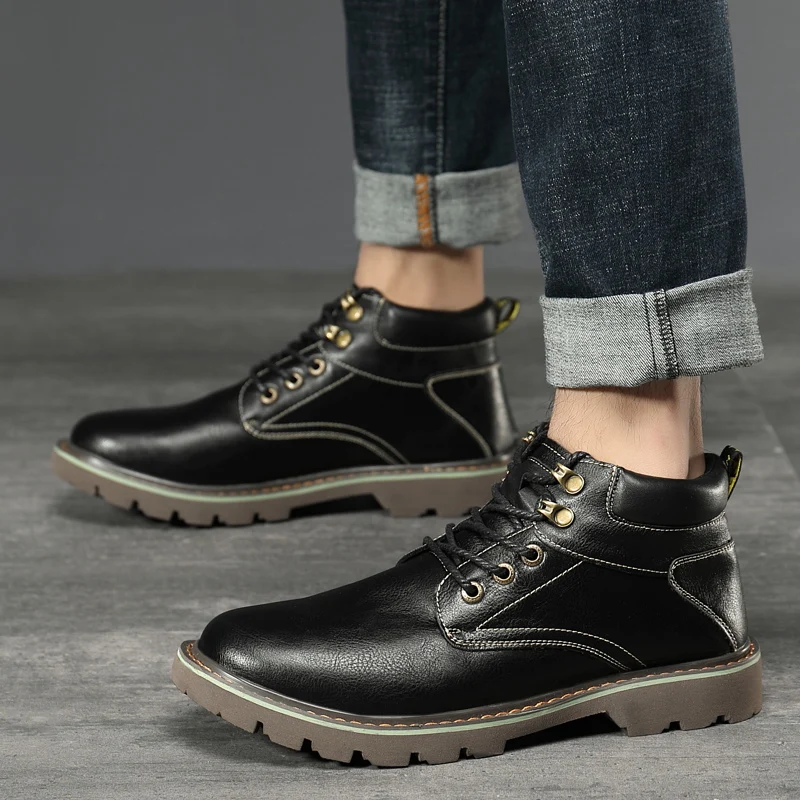 

Spring Autumn Leather Shoes For Men Black Brown Walking Shoe Mens High Top Fashion Men Shoes Rubber Sole Working Shoes Man