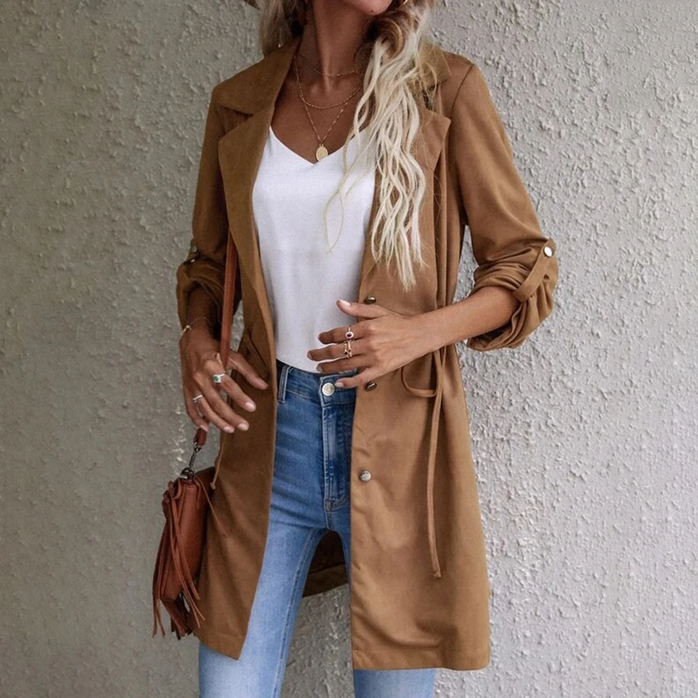 

Женский Повседневный тренчкот на завязках, однотонное облегающее зимнее пальто черного цвета на пуговицах с длинным рукавом, зима 2021