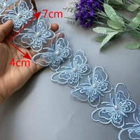 1 yard blue mesh pearl double layer bowknot embroidered lace trim ribbon patches applique fabric wedding dress sewing supplies