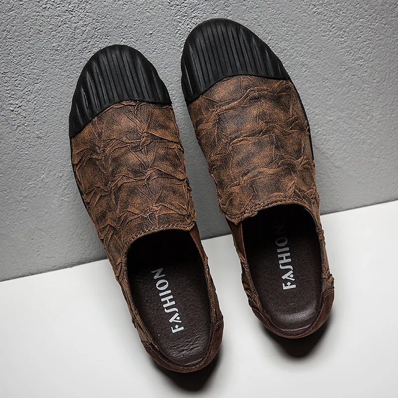 

Мужские удобные кожаные лоферы ручной работы, дизайнерские туфли на плоской подошве без застежки, повседневная обувь для вождения, для отды...