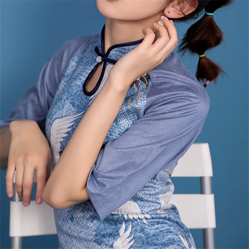 Винтажное платье Ципао с принтом женское традиционное китайское коротким