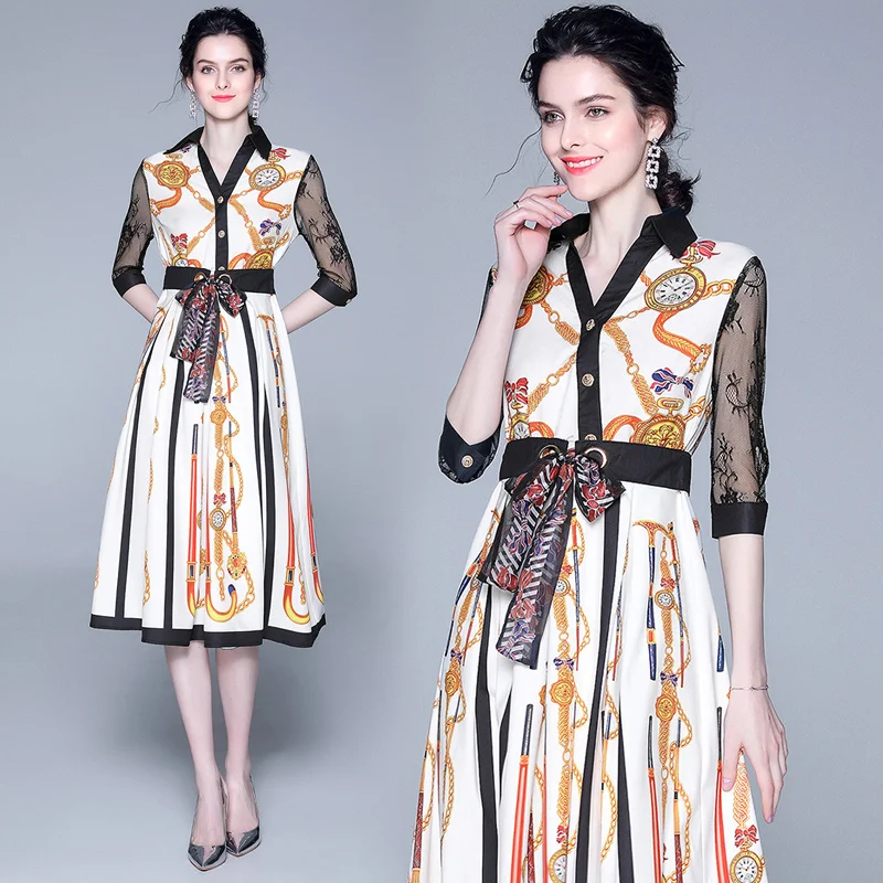 

French Palace Vintage Printing And Lace Stitching Mid-long Waist Slim Dress