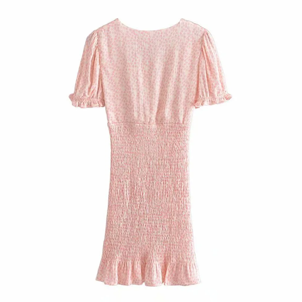 

2021 ZA summer new fashion V-neck pink printed stitching slim-fit textured dress RA 4661126 4661/126