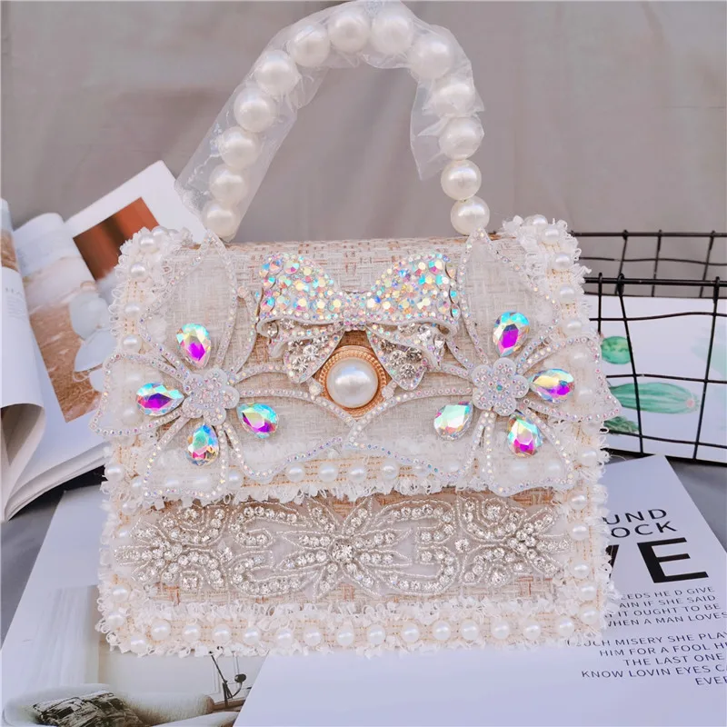 Роскошная женская сумка с клапаном и жемчужной ручкой стразы бант большие жемчуг