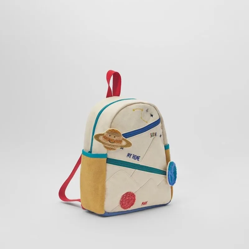 New Children's Stitching Cotton Canvas Earth Star Ball Embroidery Backpack Cute Girl Color Matching Casual Small School Bag