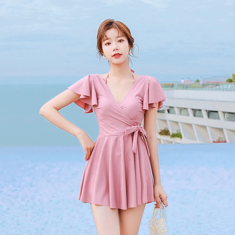 

NODELAY Solid Color one Piece Swimsuit Women 2021 Lovely Grils Slim Swimwear Belts Female Push Up Bathing Suits Skirt Swim Suit