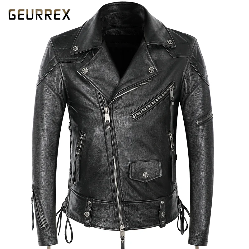 

GEURREX Spring Autumn Punk Leather Jacket Men Slim Fit Oblique Zipper Vintage Style Biker Coats Real Cowhide Fashion Clothing
