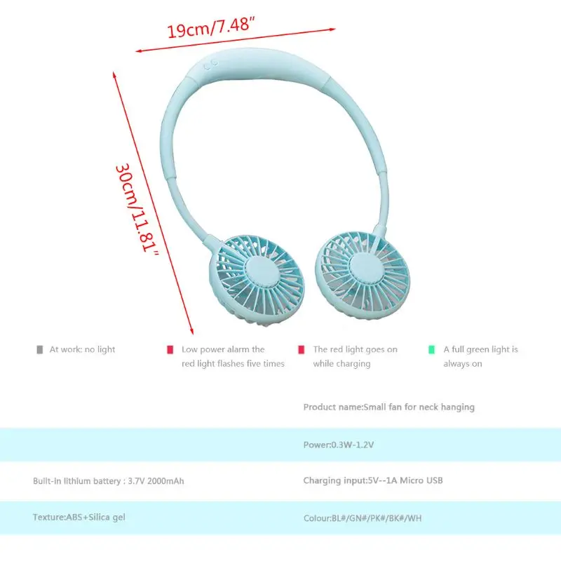 

Hand Free Sports Dual Fan Portable Neck Band Hanging USB 2000MA Battery Rechargeable Mini Cooler Fan With lights and fragrance