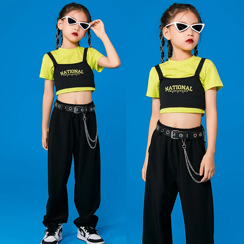

2021 Jazz Performance Costumes Girls Short Sleeved Streetwear Loose Pants Hiphop Outfits Ballroom Hip Hop Rave Clothes DN9325