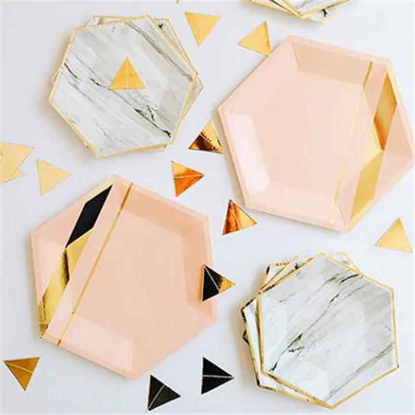 24 набора мраморных шестигранных золотых тарелок румяна розового и золотого