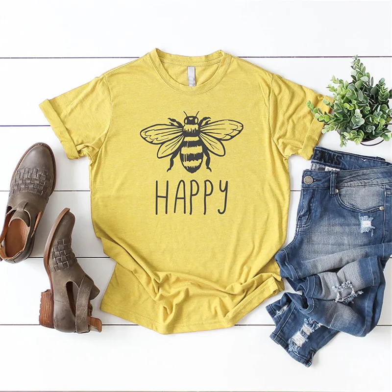 

Bee Happy Print Women T shirt Cute Graphic Tees Round Neck Short Sleeve Casual Tshirt Harajuku Summer Beach Female T-Shirts