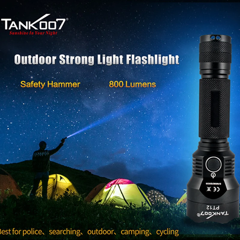 TANK007 Outdoor Camping Cycling High Power Tactical LED Flashligh Waterproof 800 Lumen Torch Sharp Safety Hammer Type-C Charging