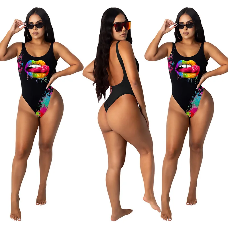 

Colorful Lip Printed Summer 2021 Runway Designer Women Jumpsuits And Rompers Bodycon Playsuits Sexy Bodysuit Swimsuit Wholesale