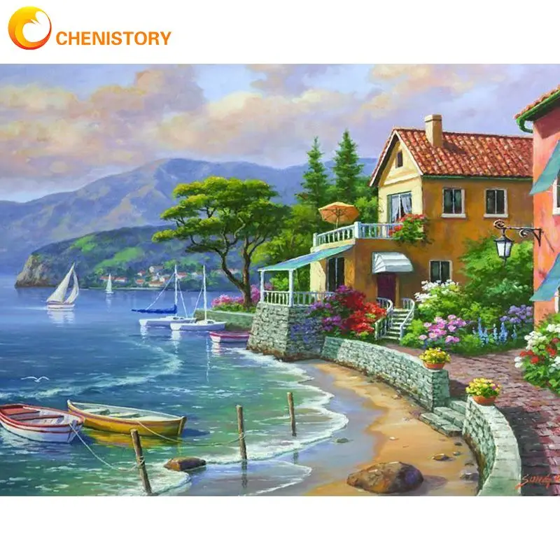 

CHENISTORY Frame DIY Oil Painting By Numbers For Adults Seaside Vacation Landscape Paint On Canvas Home Decors 60x75cm Wall Art