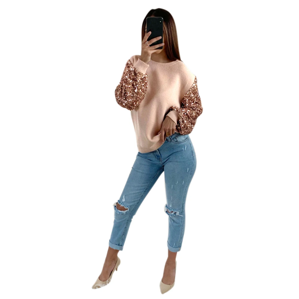 Женская футболка с длинными рукавами Модный пуловер круглым вырезом и блестками