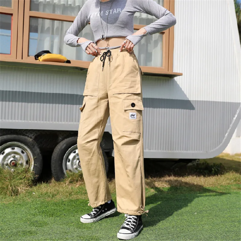 Женские брюки карго с большими карманами свободные высокой талией в уличном