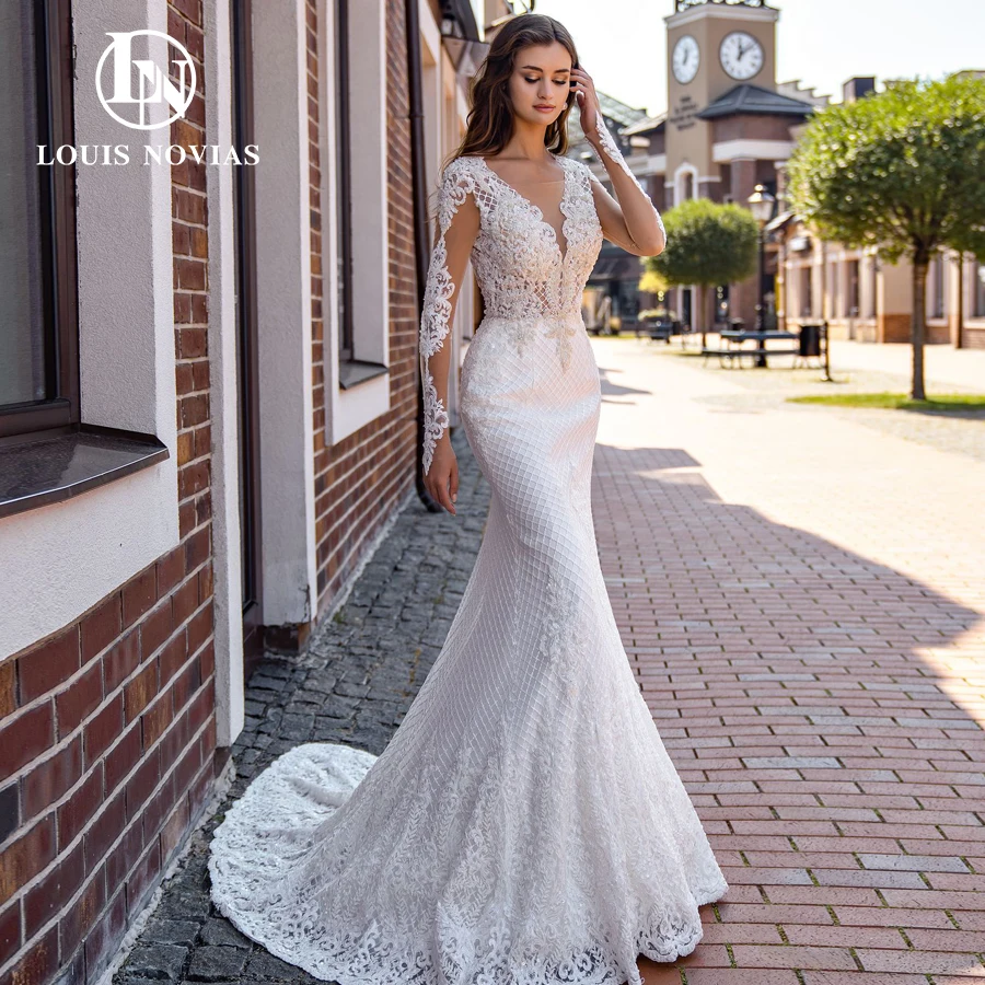 

Женское свадебное платье с юбкой-годе LOUIS NOVIAS, белое платье с длинными рукавами, вышивкой бисером, открытой спиной и V-образным вырезом на лето 2022