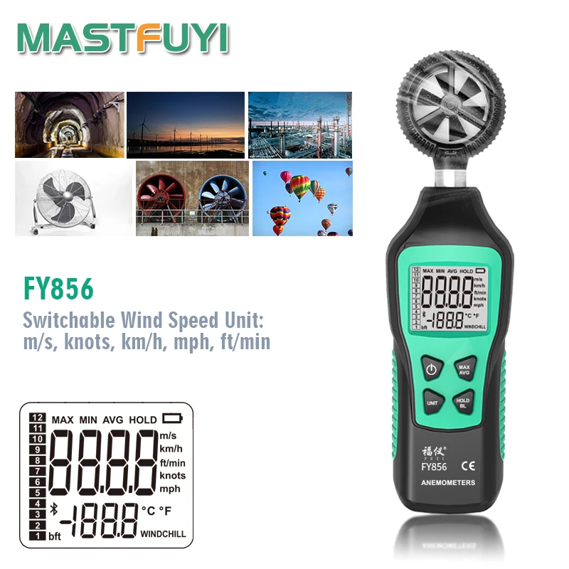

Mastfuyi FY856 Digital Anemometer Measuring Wind Speed Handheld Wind Speed Gauge Meter with Thermometer Backlight LCD Screen