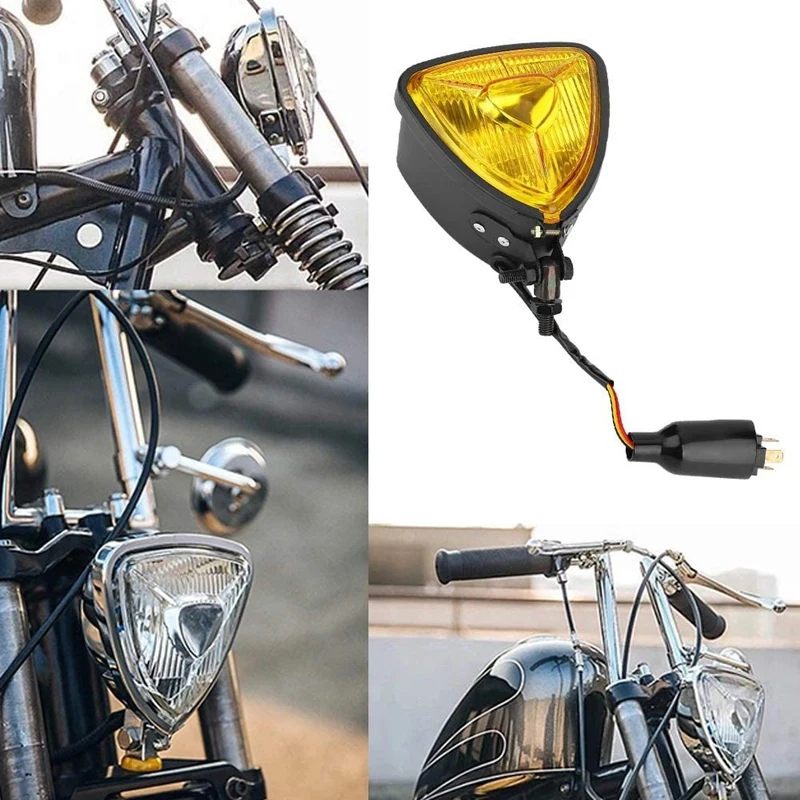 

Motorcycle Universal Triple-cornered Headlight for Chopper Bobber Cafe Racer Amber Front Head Light Lamp