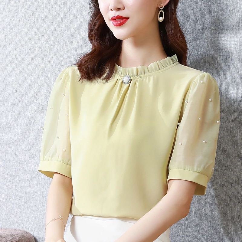 

Korean Women's Shirt Chiffon Blouse for Women Embroidered Flores Shirt Pink Stand Neck Blouse Top Female 2021 Woman Basic Shirts