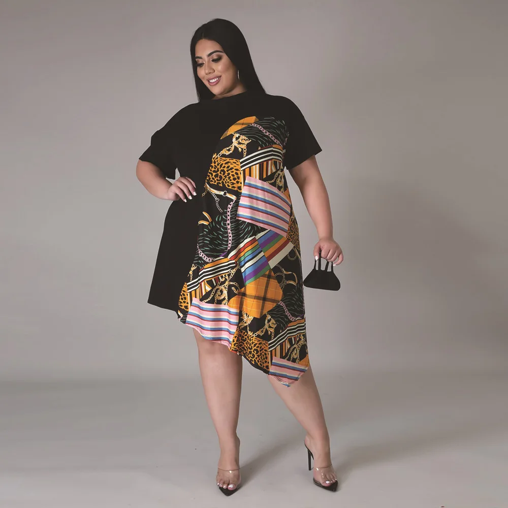 

Женское Асимметричное Платье с принтом, повседневное свободное праздвечерние чное платье до колен с коротким рукавом, большие размеры, вес...