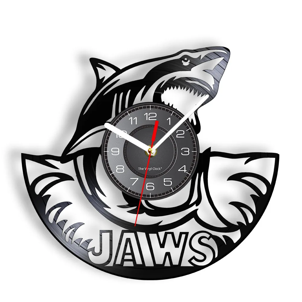 American Thriller Film Killer Shark Laser Cut Vinyl Record Wall Clock Great White Shark Sea Life Art Home Decor Clock Wall Watch