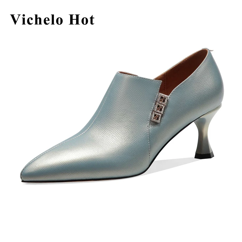

Vichelo Hot European style genuine leather pointed toe high heels deep mouth shoes elegant lady fashion modern women pumps L52