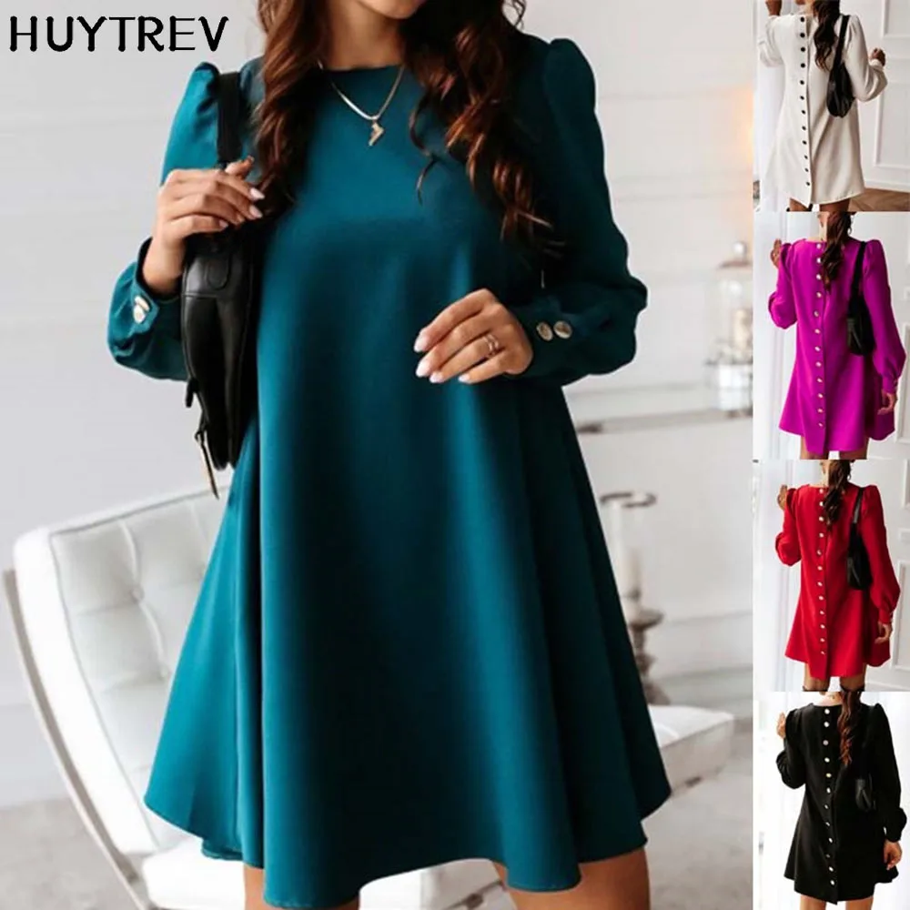 

2021 Autumn Long Sleeve Back Buttons Mini Dress Women Casual Loose Solid Vestidos Office Work Wear Elegant Ladies Dresses