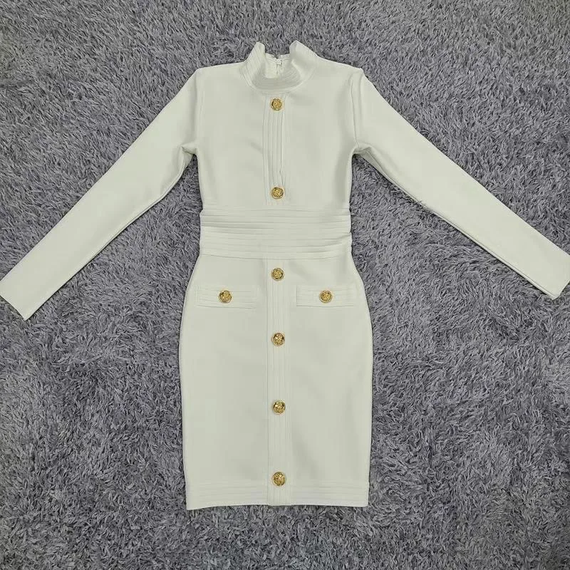 

High Quality White Long Sleeve Celebrity Bodycon Rayon Bandage Dress Elegant Runway Party Dress