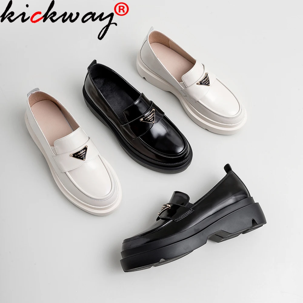 

Women Genuine Leather Boat Shoes Round Toe Thick Sole Casual Shoes Black White Platform Shoes Women Slip-on Flats Loafers Ladies
