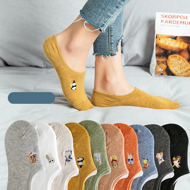 Женские Простые хлопковые носки с вышивкой милые носки-башмачки животными