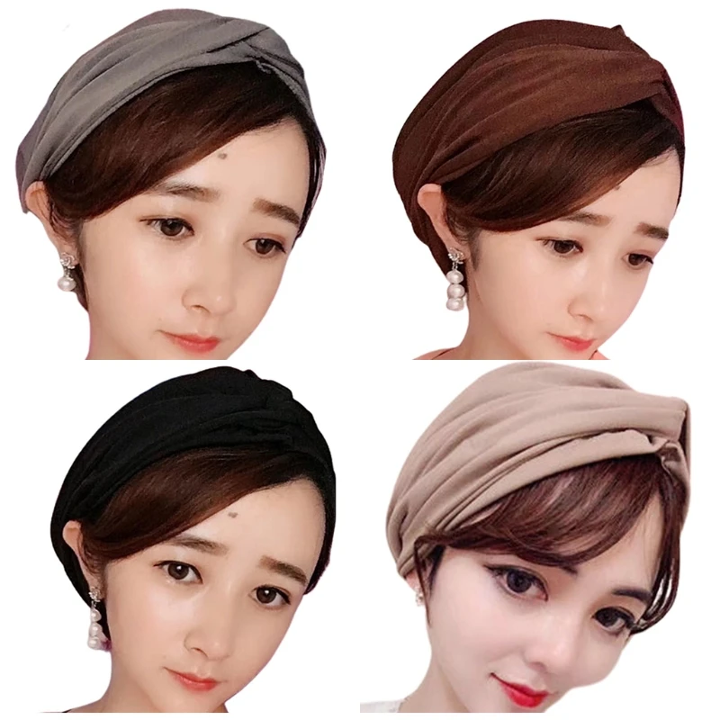 

Womens Modal Cotton Muslim Turban Hat Twist Knot Solid Color Stretch Beanie Hair Cover Pre Tied Pleated Headwrap Cap