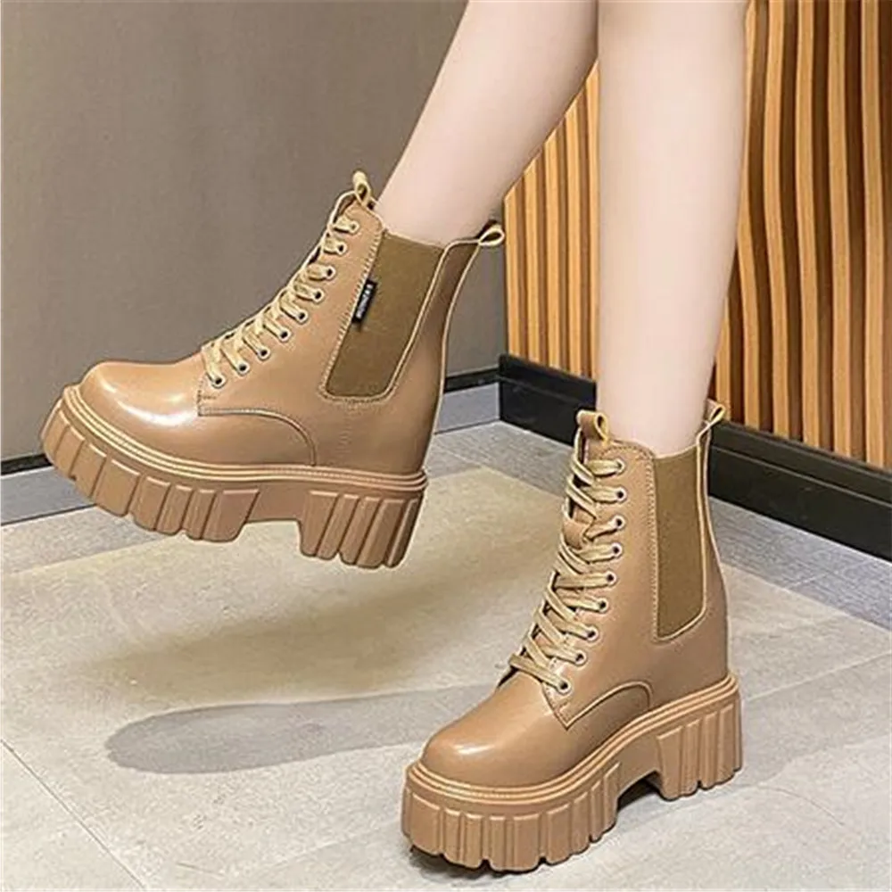 

Women Leather High Heels 10CM Ankle Boots Thick Sole Chunky Shoes Autumn Winter Female Punk Booties Platform Sneaker Botas 34-39