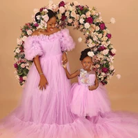 charming pink ball gown mother and daughter maternity gowns flower appliques mom and me ruffles photo shoot gown